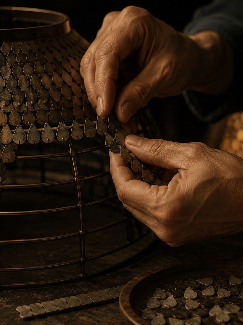 Craftsman's hands piercing metal leaf pieces onto a lamp shade frame