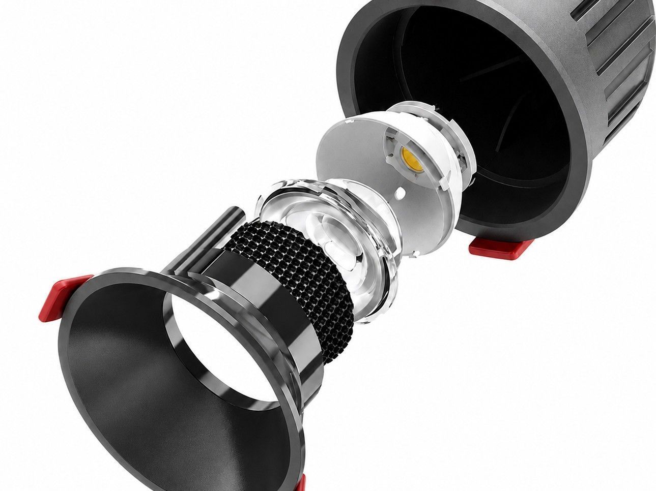 Exploded-view assembly of a precision-engineered recessed downlight system