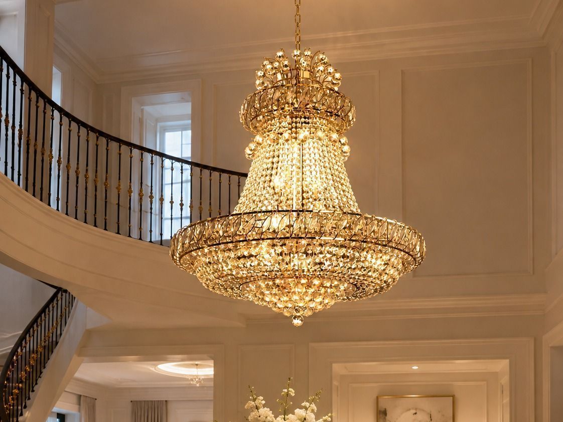 Imperial Cascade crystal chandelier over a curved staircase entrance
