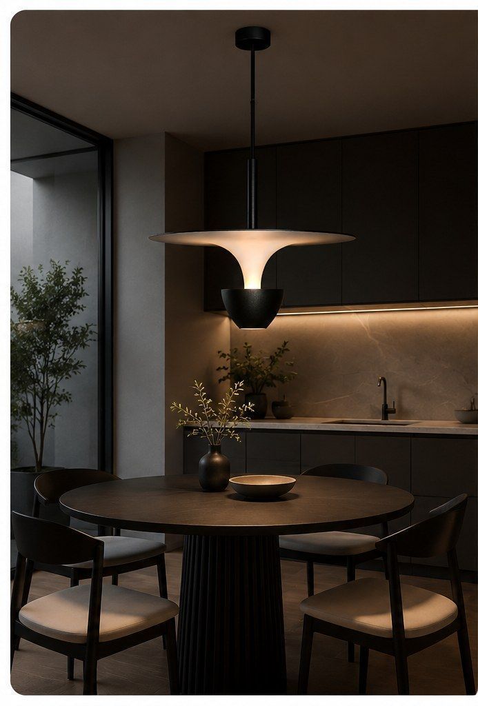 Modern pendant light glowing above a dining table in a dark minimalist kitchen