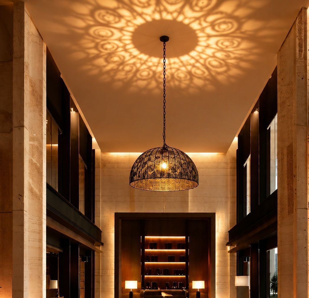 Ornate pierced dome pendant casting an intricate medallion pattern across a hotel lobby ceiling